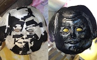 two masks with black and white paint on them