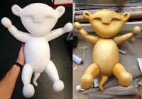 two pictures of a stuffed animal being made