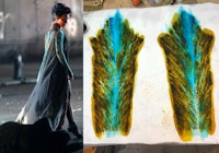 two pictures of a woman wearing a dress with feathers on it