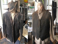 two pictures of a mannequin with a hat and a vest