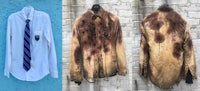 two pictures of a shirt and tie hanging on a wall