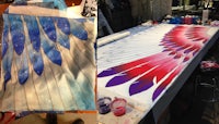 two pictures of a painting of wings on a table