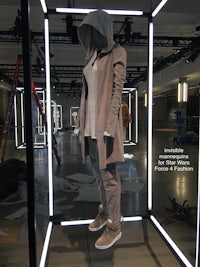 a mannequin displaying a hooded hoodie and sneakers